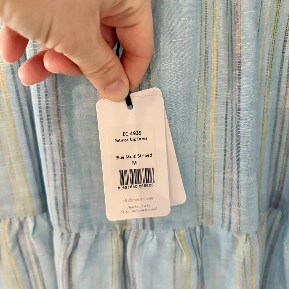 Else Patmos Blue Slip Dress NWT Medium Linen Cotton Striped Sleeveless Midi